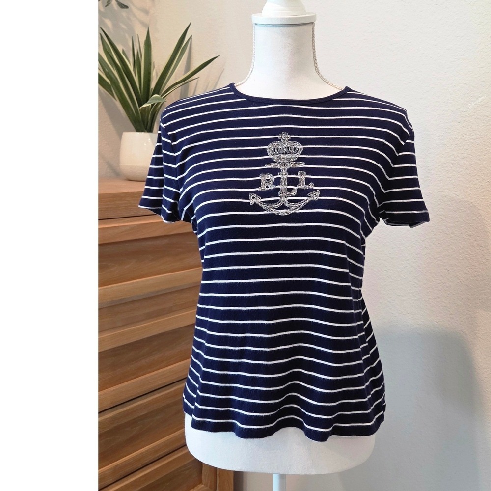 Lauren Ralph Lauren Beaded Anchor Striped Tee Nautical Navy White PM